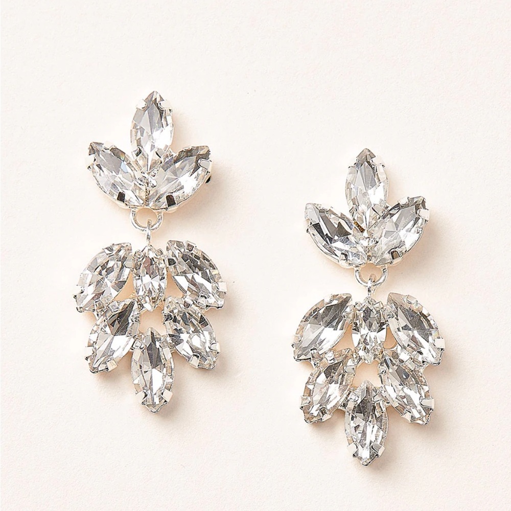 Bridal Wedding Earrings marquise shaped crystals, floral drop leaf design NWT
